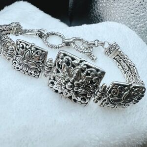 Sterling Silver Sarda Panel Bracelet Raised Square Floral Toggle Clasp Open Work